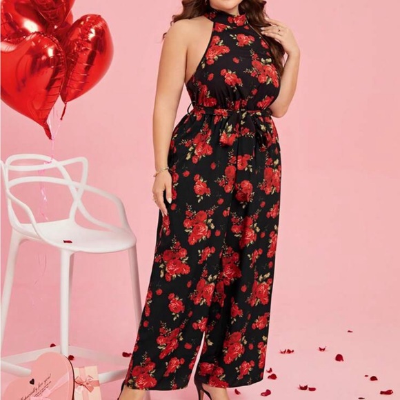 Plus Size Floral Backless Open Back Halter Top Wide Leg Palazzo Pants Jumpsuit - Picture 6 of 7